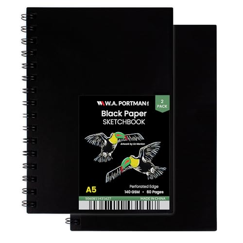 WA Portman Black Paper Sketchbook 2-Pack A5 (6" x 8.25") – 140 GSM Acid-Free Black Paper Notebook, 60 Pages (30 Sheets) Spiral Scrapbook Journal, Mixed Media Sketch Drawing Pad for Kids & Adults - size: A5 2 Pack