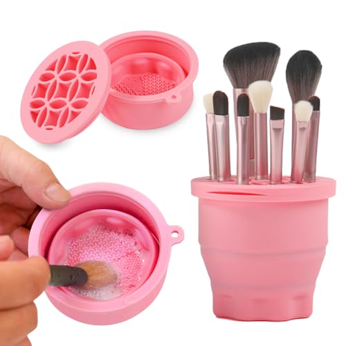 Makeup Brushes Cleaner Mat with Brush Storage Holder, Folding Portable Washing Tool for Makeup Brush Cleaning, 2 In 1 Silicone Brush Cleaner Pad & Cosmetic Brush Organizer Rack (Pink) - color: Pink