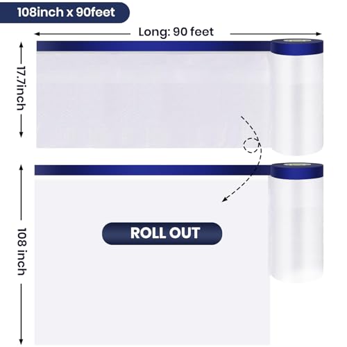 ADHES Painters Plastic with Tape, 102 inch x 90 feet x 3 Rolls Painters Tape with Plastic Attached, Pre Taped Masking Film for Automotive Painting Covering - size: 102inch