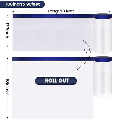 ADHES Painters Plastic with Tape, 102 inch x 90 feet x 3 Rolls Painters Tape with Plastic Attached, Pre Taped Masking Film for Automotive Painting Covering - size: 102inch