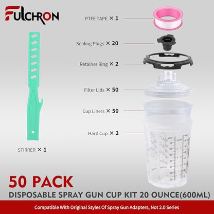 Disposable Paint Cups for Spray Guns, 50PCS 6oz (160ml) Paint Mixing Cup System with Lids, 2 Hard Cups & Retainer Rings, Ideal for Automotive Paint, Primer, Sealer and Clear Coat - size: 6 ounce