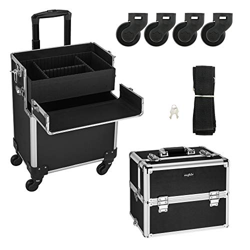 mefeir 3 in 1 Rolling Makeup Train Case, Aluminum Makeup Travel Organizer Cosmetic Case, Cosmetology Display Suitcase on Wheels, Beauty Storage Luggage Lockable w/4 Removable Wheels, Black - color: Black