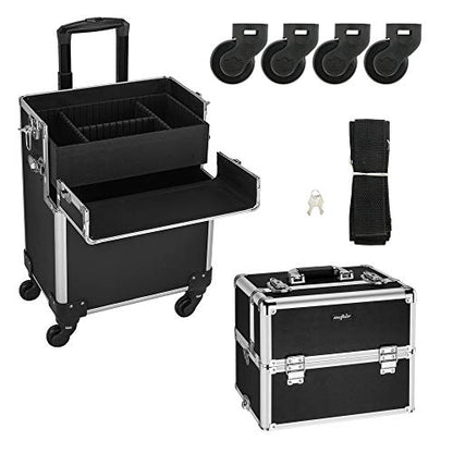 mefeir 3 in 1 Rolling Makeup Train Case, Aluminum Makeup Travel Organizer Cosmetic Case, Cosmetology Display Suitcase on Wheels, Beauty Storage Luggage Lockable w/4 Removable Wheels, Black - color: Black