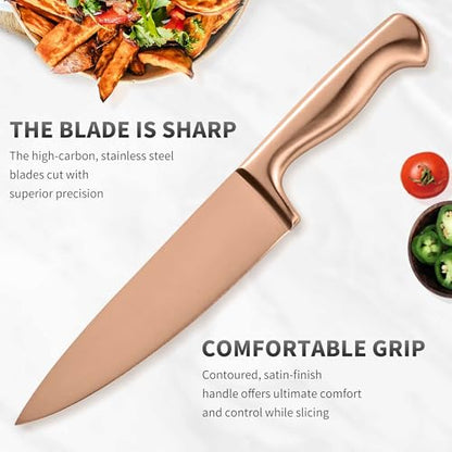 15-Piece Rose Gold Knife Block Set with Sharpener, Chef Professional Knife Set, Stainless Knife Set With Scissors, Steak Knives - color: Rose Gold