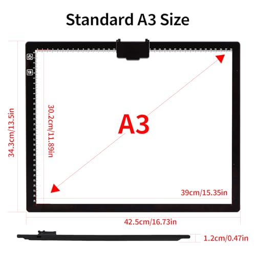 HIUKCOLED Rechargeable A3 Light Pad with Diamond Painting Light Board Carry Bag, Built-in Foldable Stand＆top Clip, 3 Colors/Stepless/6-level Brightness, Battery Powered Wireless LED Tracing Box - style: A3 Stand with Bag