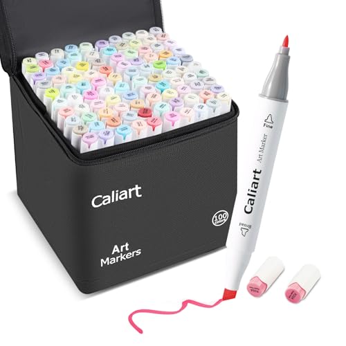 Caliart 100 Colors Pastel Alcohol Markers, Dual Tip Fine & Chisel Art Markers Set with Carry Case, Permanent Sketch Pens for Adults Artists Drawing, Coloring Books, Illustration, Art Supplies Gifts - color: Pastel, size: 1 Count (Pack of 100)