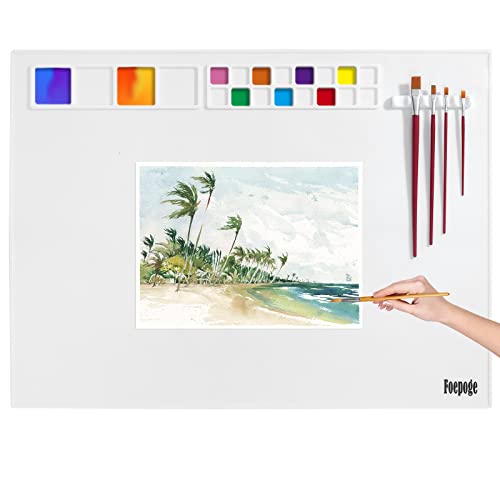 31.5" x 23.6" Extra Large Silicone Craft Mat for Table, Silicon Art Mat with 16 Paint Palette, 4 Color Mixing Grids & 5 Brush Holder, Multifunction Silicone Painting Matt for Crafts by Fogpoge, White