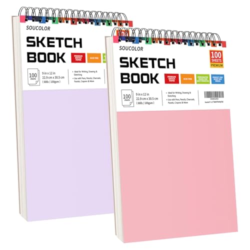 Soucolor 9x12 Sketch Book 2-Pack, 100 Sheets, Acid-Free, Spiral Bound | 68lb acid-free paper,micro-perforated pages,lay-flat spiral binding,ideal for kids, beginners & artists.Pink & purple 2-pack. - color: Pink&Purple, size: 9" x 12" (Pack of 2)