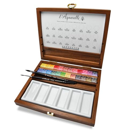 SENNELIER L'Aquarelle Wood Watercolor Half Pan Set, 24 Half Pans, Porcelain Palette, Brushes Size 2 and 3 (10-131614-00)