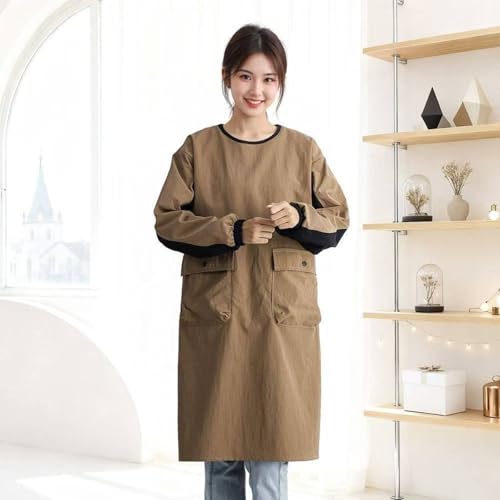 Waterproof Apron Painter Smock Oil Resistant Textured Nylon Long Sleeves with Secure Pockets Suitable for Restaurant Daily Activities, Array, Brown