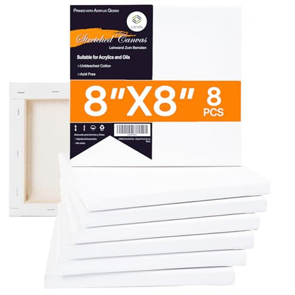 CONDA 8x8 inch Stretched Canvas for Painting, Pack of 8, 100% Cotton, 5/8 Inch Profile Value Bulk Pack for Acrylics, Oils Painting - size: 8x8 inch, 8 Pack