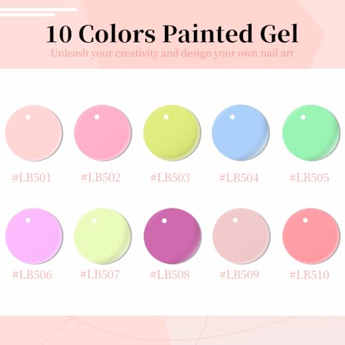 JODSONE 5ml Nail Art Gel Liner Set 10 Colors Gel Nail Polish Need U V Lamp Cured with Thin Brush Gift for Girls at Home Salon Design,Pink Red Blue Purple - color: LB501-LB510