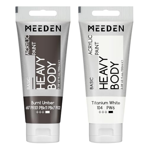 MEEDEN Acrylic Paint Burnt Umber: Bundled with Titanium White Color - 100ml/3.38oz x 2 Bulk Heavy Body Acrylic Paint Tubes for Art Craft Painting - color: Burnt Umber, size: 2 Tubes