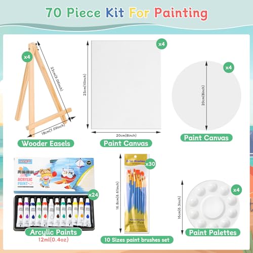 70pcs 8x10 8x8 Inch Painting Supplies Kit, 8Pack Art Canvas Bulk with Easel Stand, 12 Colors Mini Acrylic Paint Set, Small Paint Brushes, Paint Trays, Painting Kit