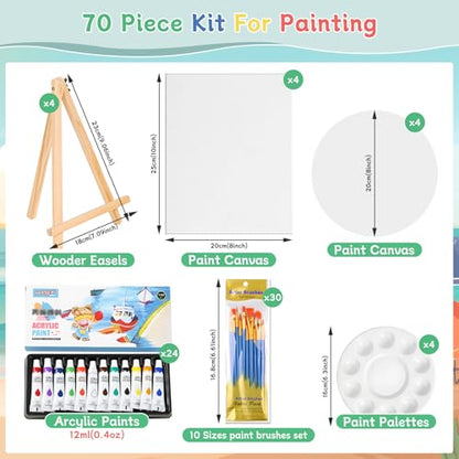 70pcs 8x10 8x8 Inch Painting Supplies Kit, 8Pack Art Canvas Bulk with Easel Stand, 12 Colors Mini Acrylic Paint Set, Small Paint Brushes, Paint Trays, Painting Kit