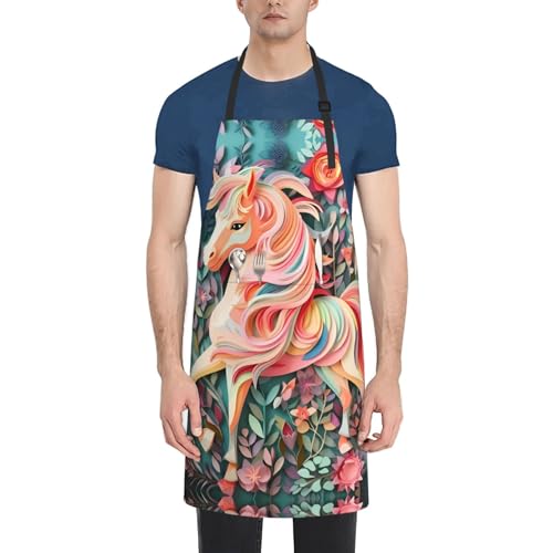 Prancing Brown Horse Heavy Duty Waterproof Apron with Pockets for AdultsResistant Grilling, Gardening, Painting - color: Pink Paper Cut Unicorn
