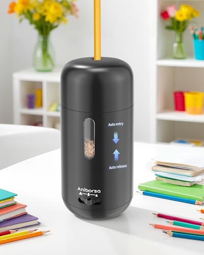 Automatic Electric Pencil Sharpener - Auto Feed, Auto Stop & Auto Eject, Rechargeable for Classroom, Home, School, Office, Black - color: Black