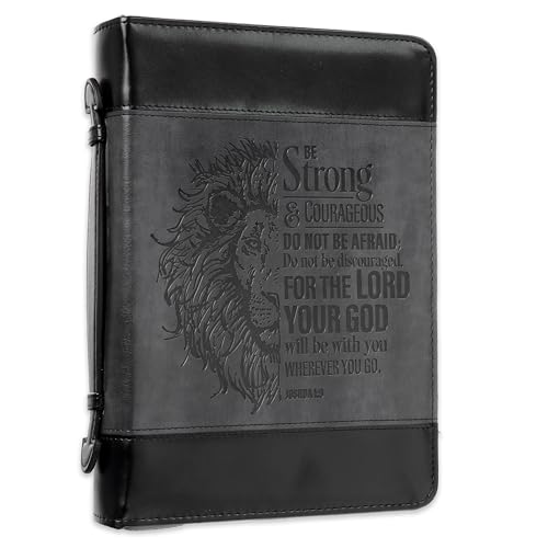 Christian Art Gifts Classic Faux Leather Bible Cover for Men and Women: Be Strong and Courageous - Joshua 1:9 Inspirational Bible Verse with Lion, Gray and Black, Medium - size: Medium