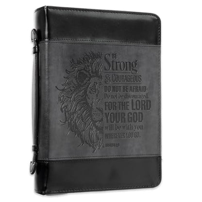 Christian Art Gifts Classic Faux Leather Bible Cover for Men and Women: Be Strong and Courageous - Joshua 1:9 Inspirational Bible Verse with Lion, Gray and Black, Large - size: Large