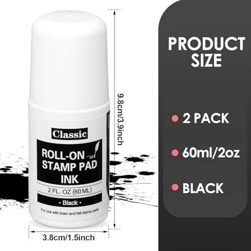 MotiMind 2 Pack Black Roll-on Stamp Pad Ink Refill 2 oz Roll-on Ink Refill Self Inking Stamps Pads for Foam Felt Stamp Pads Pad with Roller Ball - color: Black