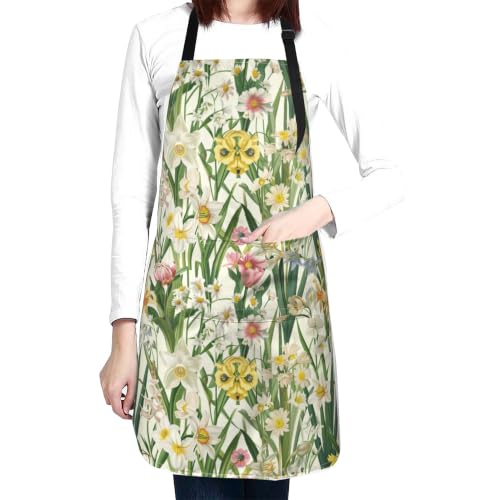 Fresh Meadow Floral Waterproof Apron with Pockets | Housework Aprons for Men Women Adjustable Bib Apron for Cooking Kitchen Baking BBQ Painting Garden Oil Resistant - color: Mixed Wildflower Art