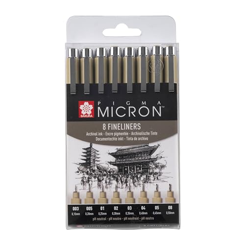 SAKURA Pigma Micron Fineliner Pens Set of 8 | Waterproof, Permanent Black Ink, Assorted Sizes | Pens for Writing, Drawing & Journaling