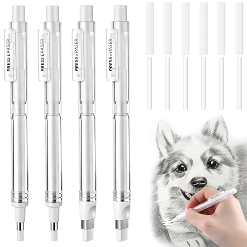 4 Pack Mechanical Eraser Pen, 2.3mm Round & 2.5mm Rectangular Tips, Mechanical Eraser Pencil with 12 Refills, Pen-Style Erasers for Artists, Students & Professionals Drawing, Drafting, Art & Writing