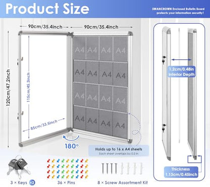 SWANCROWN 38x38 in Enclosed Bulletin Board, Wall Display Case Message Board | Tamperproof, Shatterproof, 2 Locks, Smooth Grey Felt, Silver Aluminum Frame, Display Case for Office, School, Business - color: Sliver-g, size: 48x36 in