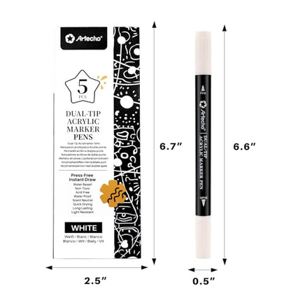 Artecho Dual Tip Acrylic Paint Pen White 5pcs set-Fine Tip and Brush Tip for Stone, Rock Painting, Paper, Pumpkin, Wood, Egg, Canvas, Ceramic, Fabric, leather, Glass, DIY Crafts - color: 5 Pcs White