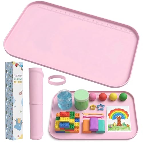 AWOKE 24"x16" Silicone Mats for Crafts with 0.7" High Edges, Large Leak-Proof Art Mat for Playdoh, Resin, Painting, Clay, Slime,Beads, Lego, Puzzle, Non-Stick & Non-Slip Kids Placemats, Pink - color: Pink