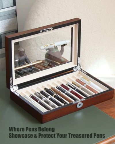 Fountain Pen Display Case with 12 Pens, Wood Pen Display Box, Lockable Pen Storage Box with Glass Top, Pen Box Organizer, Pen Collection Display Case (Brown with White Velvet) - color: Brown 12 Slots, White Velvet