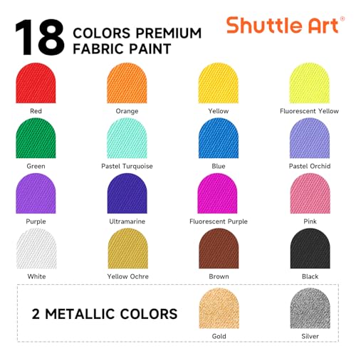 Shuttle Art 18 Colors Fabric Paint, 250ml/8.45oz, Permanent Soft Fabric Paint in Bottles with Brushes, Palette, Stencils, Non-Toxic Textile Paint for T-Shirts, Shoes, Jeans, Bags, DIY Projects&Art