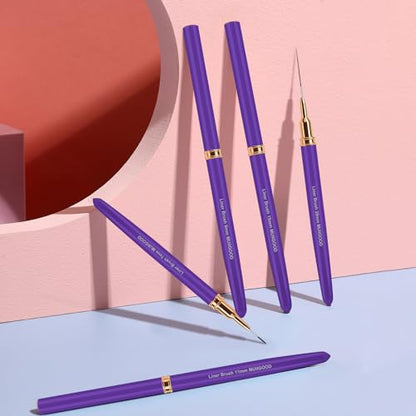 MUIIGOOD Nail Art Liner Brushes, 5Pcs Liner Brush For Nails, Painting Nail Art Brush Set Dotting Drawing Tool for Long Lines, Thin Details, UV Gel Polish Painting, Fine Drawing 7/9/11/15/25mm(Purple) - color: Purple
