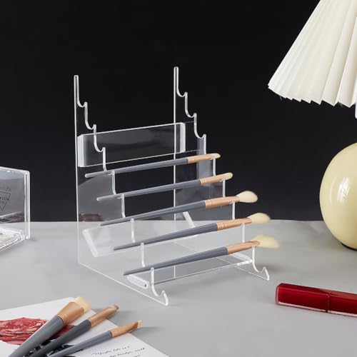AHANDMAKER 9-Tier Pen Display Holders, Acrylic Makeup Brush Holder, Clear Horizontal Display Brush Rack Organizer for Pen Pencil Makeup Brush Eyebrow (Clear)