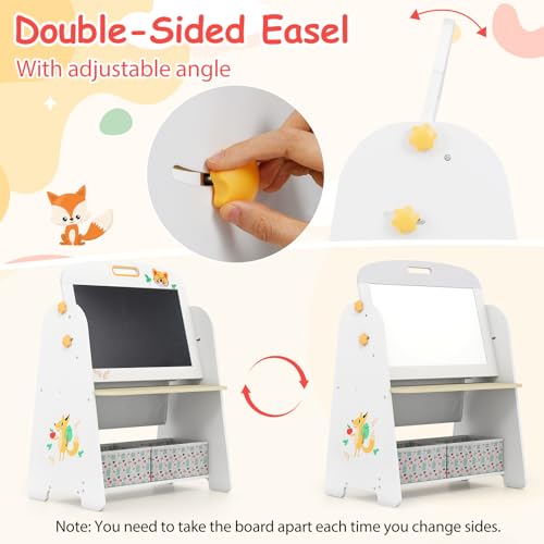 HONEY JOY Kids Art Easel, Wooden Double-Sided Toddler Table & Chair Set w/Adjustable Magnetic White Board & Chalkboard, Bookshelf & Storage Bin, Arts & Crafts (Natural + White) - color: Natural + White