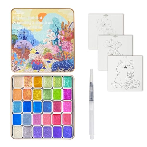 Mini Shifting Watercolor Paint Set, 30 Color Glitter Watercolor Painting Kit, Metallic Watercolor Paints, Solid Water Colors Paint Adult Set, Detail Paint Brush Included, for Artists - color: Elysian Habitat Spanning A Hundred Thousand Miles