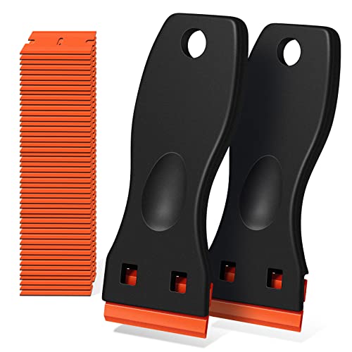 Plastic Razor Blade Scraper, 2 Pack Razor Scraper with 120 Pcs Razor Blades for Removing Glue, Sticker, Decals, Tint from Car Window and Glass（Black） - color: Black