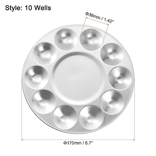 HARFINGTON 2pcs Aluminum Round Paint Mixing Pallet, 10 Wells, Silver, 6.7" x 3.35" - Paint Palette Tray for Acrylic, Oil, Watercolor, Gouache