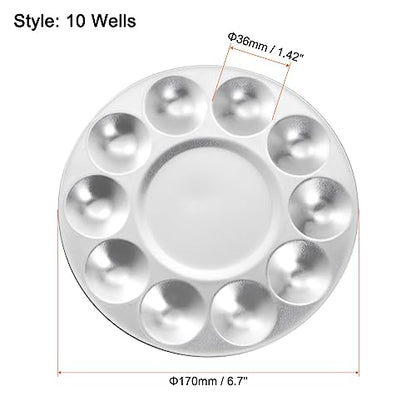 HARFINGTON 2pcs Aluminum Round Paint Mixing Pallet, 10 Wells, Silver, 6.7" x 3.35" - Paint Palette Tray for Acrylic, Oil, Watercolor, Gouache