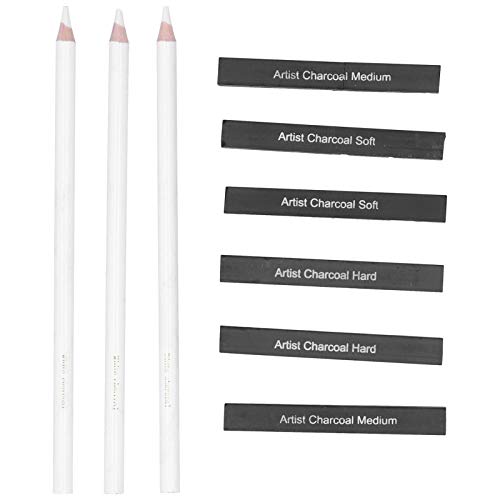 White Charcoal Pencils Carbon Drawing Set, 9 Pieces Sketch Painting Accessories - Smooth Shading, Soft Graphite Core, Ideal for Art Students and Artists