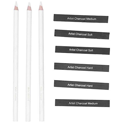 White Charcoal Pencils Carbon Drawing Set, 9 Pieces Sketch Painting Accessories - Smooth Shading, Soft Graphite Core, Ideal for Art Students and Artists