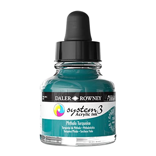 Daler-Rowney System3 Acrylic Ink Bottle Phthalo Turquoise 29.5ml - Versatile Acrylic Ink for Artists and Students - Opaque Calligraphy Ink for Drawing Illustrating Airbrushing Dip Pen Ink and More