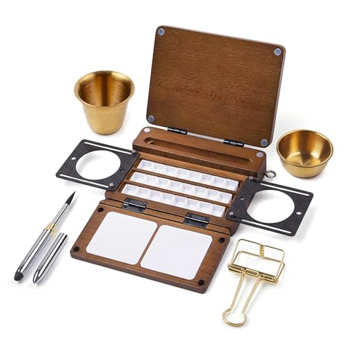 24-Grid Empty Travel Watercolor Palette Box, Fuumuui All-in-One Walnut Wood Palette Tray Kit, Mini Portable Sketchbox for Plein Air Painting with Three Ends Travel Brush and Watercolor Cup - color: Wood-upgraded
