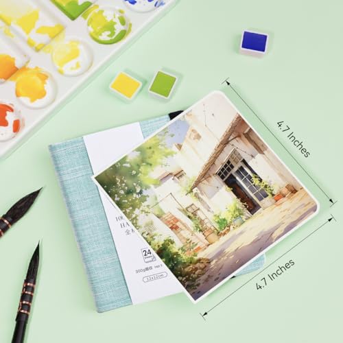 Lightwish Square Watercolor Journal,2 Pack Total 48 Sheets 100% Cotton,300gsm/140lb,Acid-Free,Hot Press Watecolor Sketchbook for Artists Adults Students,4.7 * 4.7 Inches(Light Green) - color: Light Green