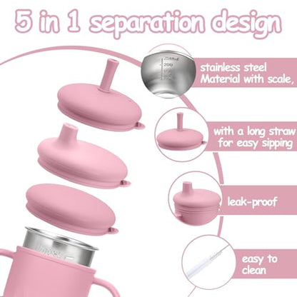 2PCS Stainless Steel Sippy Cups for Toddlers1-3, Baby Straw Cups for 6+Month Old with Travel Lid, Silicone Straw, Replacement Straw & Cleaning Brush-8oz Toddler Cups Spill Proof Set Pink+Rice White - color: Beige/Pink