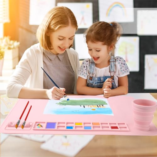 Silicone Painting Mat, 20"x 16" Silicone Art Mat with Cup, Kids Painting mat for Resin, DIY, Drawing Resin, Paint, Clay， Large Craft Art Mat, (Pink) - color: Pink