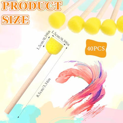 40PCS Paint Sponges, 0.6'' Sponge Brushes for Painting, Round Sponge Foam Brush, Yellow Sponges Paint Brushs Wooden Handle Foam Brush SpongePaints Brushes for DIY Arts