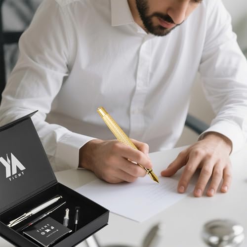 Fancy Fountain Pen Set – Fine & Medium Nibs, Includes 18 Ink Cartridges, Ink Converter, Syringe Filler, Luxury Gift for Writing, Journaling & Calligraphy，Silvery (Gold) - color: Gold