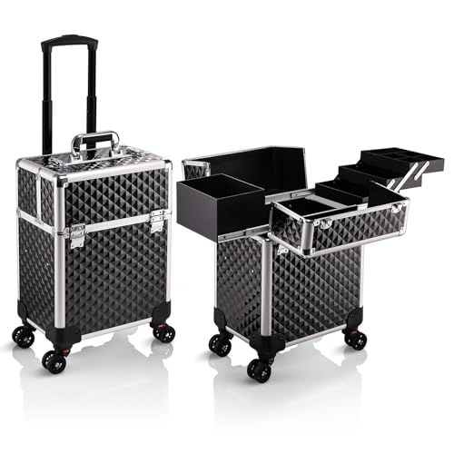 Stagiant Rolling Makeup Train Case Large Storage Cosmetic Trolley 4 Tray with Sliding Rail Removable Middle Layer with Key Swivel Wheels Salon Barber Case Traveling Cart Trunk - color: Pro Black