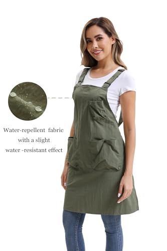 Nanxson Kitchen Apron for Women,H Style Cooking Apron with 3 Pockets | Waterproof material,pocket with buckle,adjustable waist strap,work apron for kitchen art painting gardening - color: Armygreen